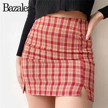 Bazaleas Streetwear Slim Tartan Red Women A-line Skirt High Waist Split Short Skirt Mini Skirt harajuku plaid skirts womens 2024 - buy cheap