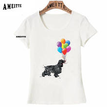 Summer White Tops Clever Naughty Black Cocker Spaniel Dog with Balloon Watercolor T Shirt Women Short Sleeve Casual  Girl Tees 2024 - buy cheap
