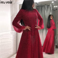 Muslim Pearls Prom Dress Red Middle East Long Formal Party Gown Robe De Soiree Crystal Dubai Saudi Arabic Evening Dresses 2020 2024 - buy cheap