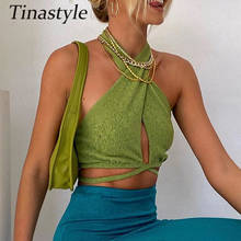 Tinastyle verde sexy atadura colheita topo feminino tanque sem costas oco para fora curto verão topos senhoras casual colete t streetwear 2024 - compre barato