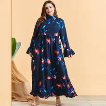 DOIB Women Blue Navy Blue Print Muslim Abya Dress Butterfly Flare Sleeve Long Dress 2020 Autumn Plus Size Maxi Dress 2024 - buy cheap