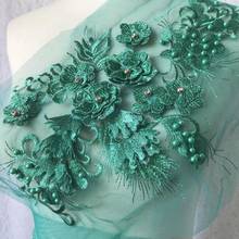 1 pçs esmeralda verde cristal strass applique 3d floral bordado falso pérolas frisado rendas applique dit costura para vestido 2024 - compre barato