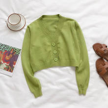 Cardigã cropped feminino gola v, casaco curto feminino suéter tricô 2024 - compre barato