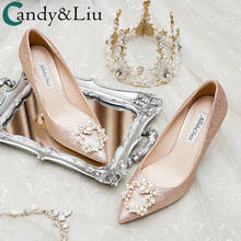 Женская свадебная обувь с украшением в 2020 новых моделей, который вы обычно носите обувь для невесты платье с пайетками на высоком каблуке, с украшением в виде кристаллов свадебные туфли для подружки невесты 2024 - купить недорого
