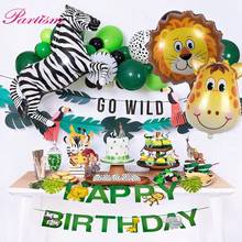 1Set Jungle Party Animal Happy Birthday Banner Cupcake Toppers Tableware Green Number Balloons Baby Shower Safari Party Supplies 2024 - buy cheap