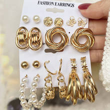KISSWIFE Vintage Geometric Gold Color Metal Earrings Set For Women Punk Pearl Dangle Drop Earrings Trend Set Of Earrings Jewelry 2024 - buy cheap