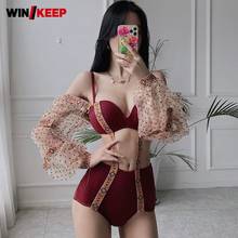 Traje de baño de manga larga con espalda descubierta para mujer, bañador Sexy coreano con Push-Up, ropa de playa ahuecada con lunares, S-L 2024 - compra barato