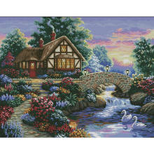 top Quality beautiful lovely counted cross stitch kit lake house home cottage swan bridge 2024 - buy cheap