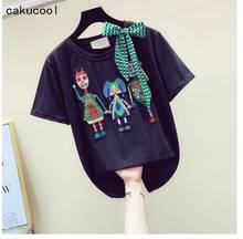 Cakucool New Cotton tshirt Women Summer Cartoon Heavy Beading Embroid Pullover Short Sleeve Bow Tie Sequined Large Tee Top Femme 2024 - buy cheap