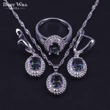 Conjunto de collar y anillo de pendientes de 4 colores, conjunto de joyería de cristal blanco de circonita cúbica arcoíris de color plateado 2024 - compra barato