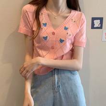Korean Version New Women's Knitted Cardigan Diamond Lattice Embroidered V-neck Cropped Top Women Short sleeve Sweater Blue Pink 2024 - buy cheap