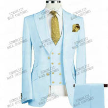 Trajes para hombre de doble botonadura para boda, traje de novio, chaqueta + Pantalones + chaleco italiano azul claro, 3 piezas 2024 - compra barato