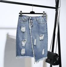 Plus Size Fashion Midi Denim Skirt Women 2020 Summer Light Blue Hole Ripped Jeans Skirt Female Button Tassel School Skirt 2024 - buy cheap