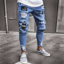 Calça jeans masculina, rasgada, skinny, com bordado., estilo biker, rasgado, com buracos, slim fit, denim, riscado. plus size. 2024 - compre barato