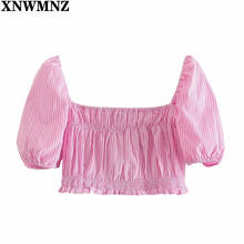 Xnwmnz 2021 das mulheres topos rosa poplin sem costas colheita topo blusas femininas verão de manga curta mulher blusa elástica guarnição das senhoras topos 2024 - compre barato