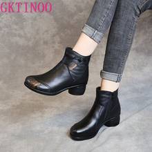 Gktinoo botas femininas de couro legítimo, calçado curto e grosso com zíper retrô 2024 - compre barato