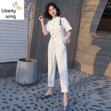 Summer New Solid White Cargo High Waist Straight Women Fashion Casual Sashes Short Sleeve Ladies Jumpsuits Hot 2024 - buy cheap