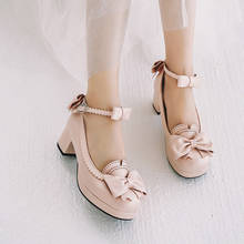 Zapatos de tacón alto Lolita para mujer, calzado de tacón alto con plataforma y lazo, color rosa, talla grande 44 45 46 2024 - compra barato