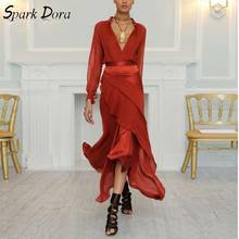 Free Shipping Elegant Dress Popular Fashion Streetwear Long Sleeve Solid Color Dress Collect Waist Irregular Hem Women Vestidos 2024 - buy cheap