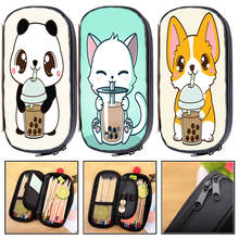 The Cute Corgi Panda Cat Drinks Milk Tea Pencil Case Kids Pen Bag School Office Supplies Stationery Kawaii Makeup Cosmetic Bags 2024 - buy cheap