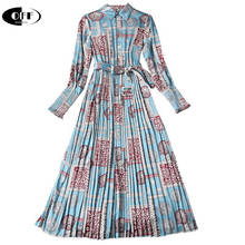 Vestidos midi largos vintage para mujer, Vestido camisero plisado retro azul, ropa de oficina, otoño y verano 2024 - compra barato