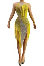 Платье для танцев желтый вечернее платье стразы бахромой Латинской Для женщин на День Рождения Праздновать прозрачные сетчатые мужские сценический костюм 2024 - купить недорого