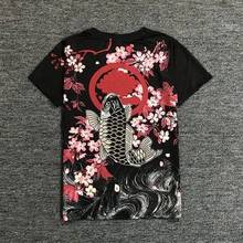 Camiseta Unisex de estilo Ukiyoe, camiseta con bordado de peces de carpa, camisetas étnicas de verano de alta calidad, camisetas de moda, 2020 2024 - compra barato