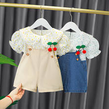 Crianças verão crianças floral impressão cherry doll collar manga curta blusa topos + macacão calça conjunto de roupas do bebê meninas 2pcs ternos 2024 - compre barato