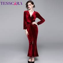 Женское длинное платье-макси TESSCARA, элегантное бархатное платье с v-образным вырезом, коктейльное платье высокого качества 2024 - купить недорого