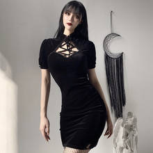 Сексуальное мини-платье Cheongsam в стиле ретро, готическое, на шнуровке, с коротким рукавом, с разрезом, из замши, с высокой талией, облегающее, черное, летнее платье vestidos 2020 2024 - купить недорого