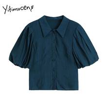 Yitimuceng-Blusa Vintage con botones para mujer, camisa de manga abombada de gran tamaño, Unicolor, moda coreana, Tops de manga corta, 2021 2024 - compra barato
