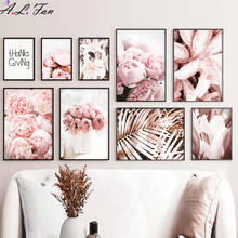 Pink peony flower bud cotton flamingo feather canvas art nordic painting posters and prints picture wall for living room decor 2024 - buy cheap