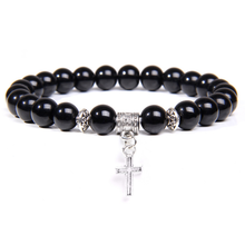 Silver Plated Cross Connect Black Agates Round Beads Elastic Bracelet White Howlite Stone Jewelry 2024 - buy cheap