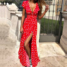 Vintage Dot Print Long Dresses Women Summer Boho V Neck Maxi Dress 2021 Casual Short Sleeve Beach Sundress 2024 - buy cheap