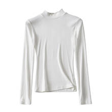 Camiseta de manga larga de algodón para mujer, Camiseta básica casual de cuello alto negra lisa y ajustada, camiseta femenina de otoño 2020 2024 - compra barato