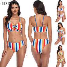 New Sexy Striped Print Swimwear Women Bow Knot Swimsuit High Waist Beachwear S-XL Girl Backless Bathing Suit Bikini Set 2024 - buy cheap