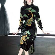 Spring and autumn new mid-length section waist slim stand collar retro casual long-sleeved women's printed velvet lacing dress 2024 - buy cheap