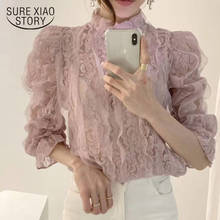 Blusa feminina renda estilo coreano, camiseta feminina elegante de escritório com renda rosa gola alta, pulôver 12511 2024 - compre barato