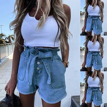 Women Summer Bandage Denim Shorts Ladies Elastic High Waist Straight Button Jeans Shorts 2024 - buy cheap