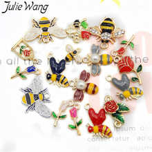 Julie wang 15 pçs esmalte abelha rosa charme misturado flores inseto liga ouro tom colar pulseira brinco jóias fazendo acessório 2024 - compre barato