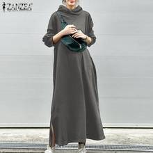 ZANZEA 2022 Stylish Hooded Hoodies Dress Women Autumn Sundress Casual Long Sleeve Split Vestidos Pullovers Oversized Solid Robe 2024 - buy cheap