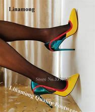 Linamong Newest Pointed Toe Patchwork Stiletto Heel Pumps Yellow Blue Red Mixed-colors Slip-on High Heels Big Size Shoes 2024 - buy cheap