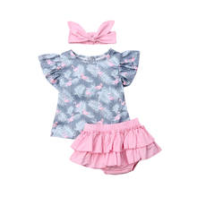 Новый комплект из 3 предметов с принтом фламинго, рубашка для маленьких девочек + повязка на голову с шортами с оборками, комплект одежды для новорожденных, детская одежда 2024 - купить недорого