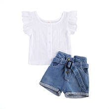 1-6Y Summer Kids Girls Clothes Outfits Lace Ruffles Fly Sleeve T-Shirt White Tops+Denim Shorts with Belt 2Pieces Girl Streetwear 2024 - buy cheap