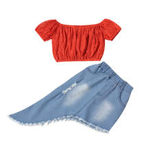 Детские летние топы на одно плечо для девочек, футболка с коротким рукавом, однотонные джинсовые юбки неправильной формы, комплекты детской одежды из 2 предметов 2024 - купить недорого