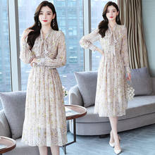 2022 Vintage Long Sleeve Maxi Dress Autumn Boho Beige Printed Chiffon Korean Midi Dress Women Elegant Bodycon Chic Prom Vestidos 2024 - buy cheap