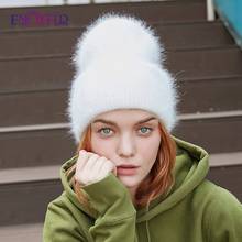Enjoy chapéus de inverno para as mulheres quentes longo pele de coelho cabelo feminino bonés moda cores sólidas ampla manguito jovens estilo beanies 2024 - compre barato