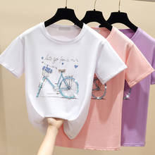 Harajuku-Camiseta rosa con estampado de cuentas para mujer, blusa blanca de manga corta, Camiseta de algodón de estilo coreano, ropa para mujer 2024 - compra barato