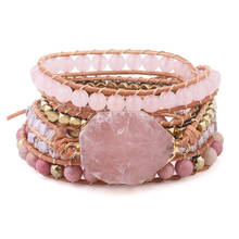 Pulseira de pedra natural rosa quartzo couro wrap pulseiras para as mulheres rosa gemas cristal grânulos bohemia jóias 2024 - compre barato