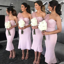 YiMinpwp Pink Mermaid Bridesmaid Dresses One Shoulder Tea Length Draped Garden Country Wedding Guest Gowns Maid of Honor Dress 2024 - buy cheap